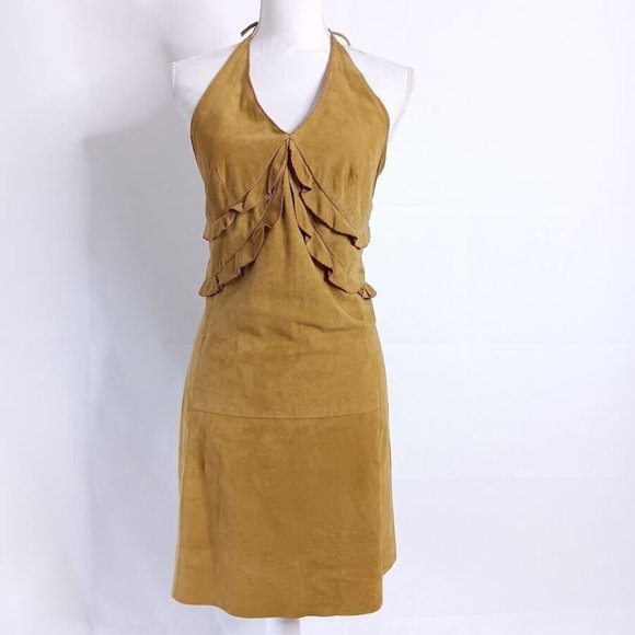 Womens Suede Dress sz 42 Made In Italy Halter Ruffle Open-Back Mini - Picture 4 of 13